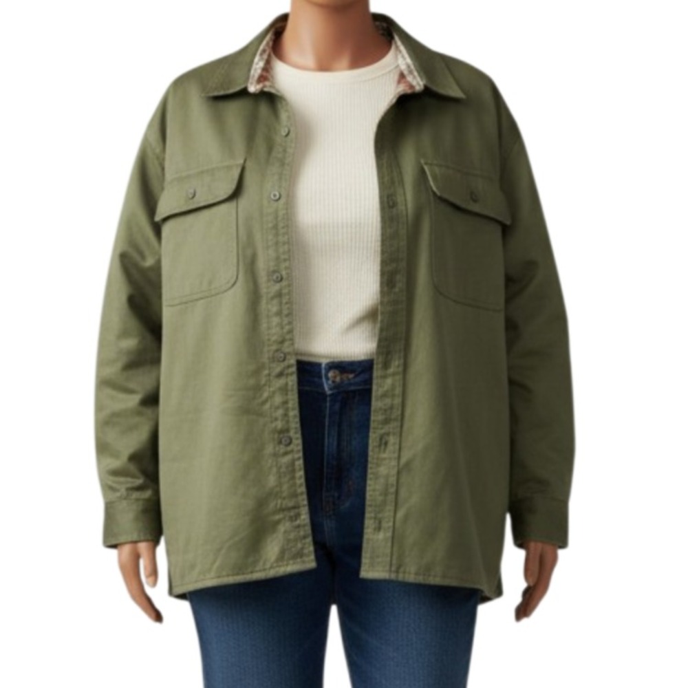 LL Bean Flannel Lined Shacket Women's XXL (Mis-Tagged) Olive Cotton Jacket EUC